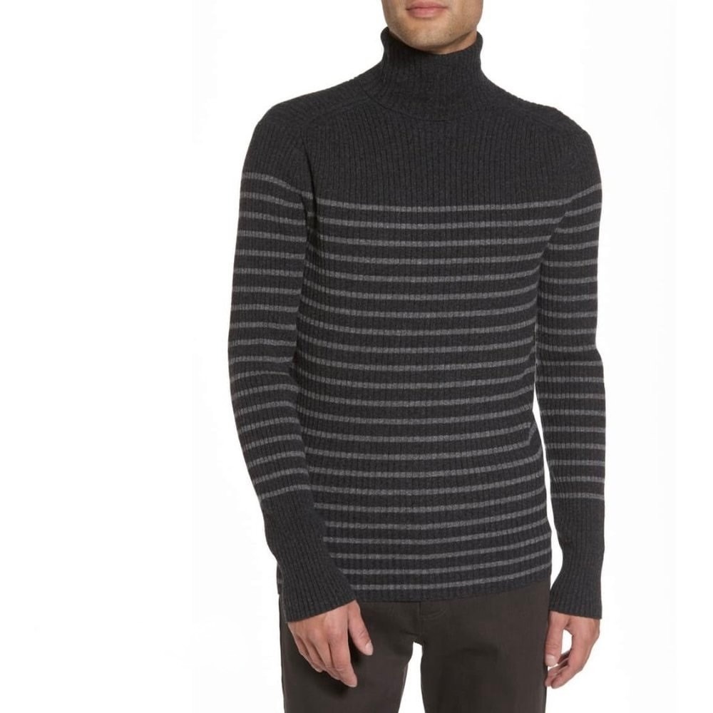Men's VINCE Cashmere Striped Turtleneck Sweater Gray Ribbed Knitwear X-Large